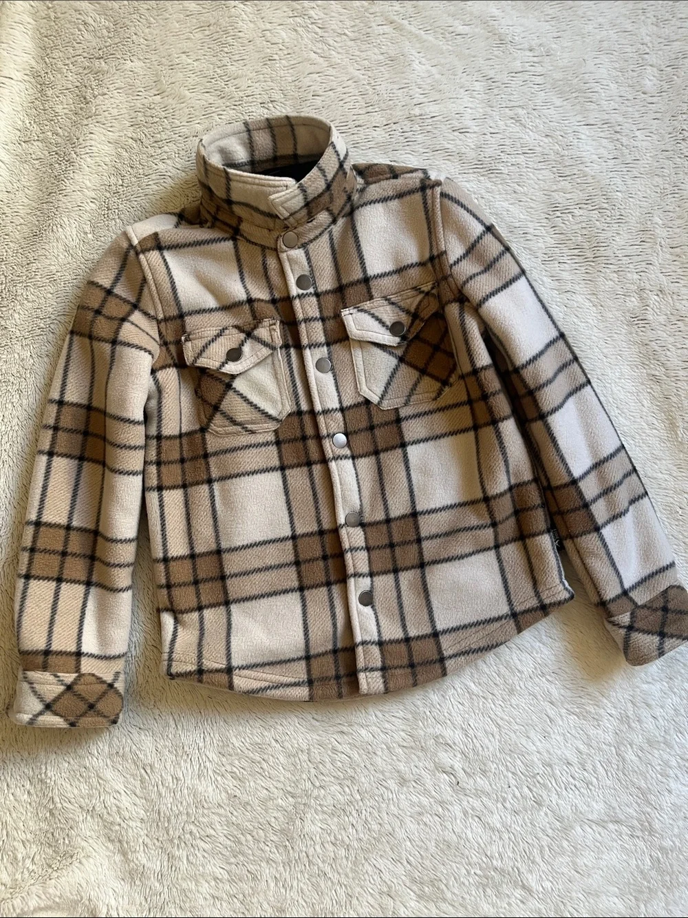 Boys Eddie Bauer Beige and Brown Plaid Fleece Shacket
